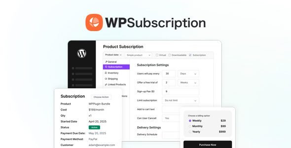 WPSubscription Pro easily create recurring payments, offer free trials, and manage all your WooCommerce subscriptions in one place.