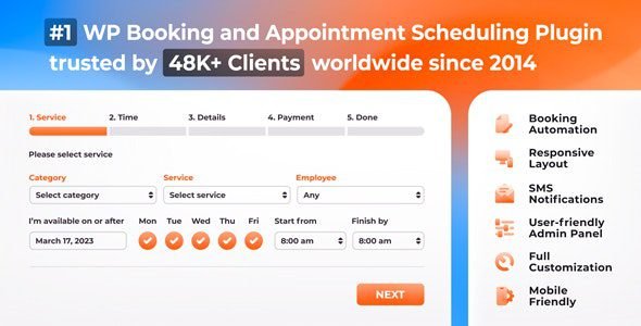 Bookly Pro online booking & scheduling for WordPress: fully customizable booking form with online payments, notifications, and Google Calendar sync.