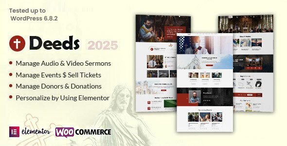 Deeds is aimed at building a progressing website on multiple niches, such as church, religious propagation, nonprofit organization, ministry, church event, church donation or a church fundraising website.