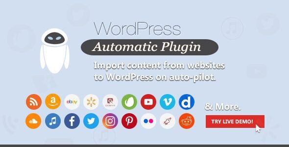 WordPress Automatic posts from various sources to WordPress automatically. WP Automatic Plugin can post quality targeted articles, Amazon Products, Clickbank Products, Walmart products, Youtube Videos, Vimeo videos , DailyMotion videos, Feeds posts, eBay auctions …